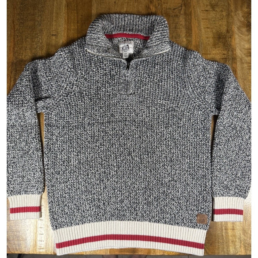 Roots Cabin 1/4 Zip Sweater Mens L Gray Marled Knit Leather Patch Cotton